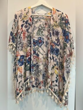 Floral Tassel Kimono Cover-Up Blush Blue Yellow Botanical – One Size